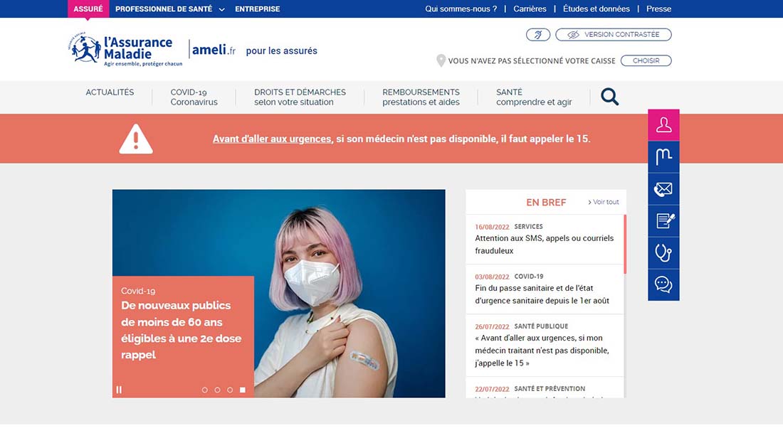 Copie écran du site internet de l'assurance Maladie