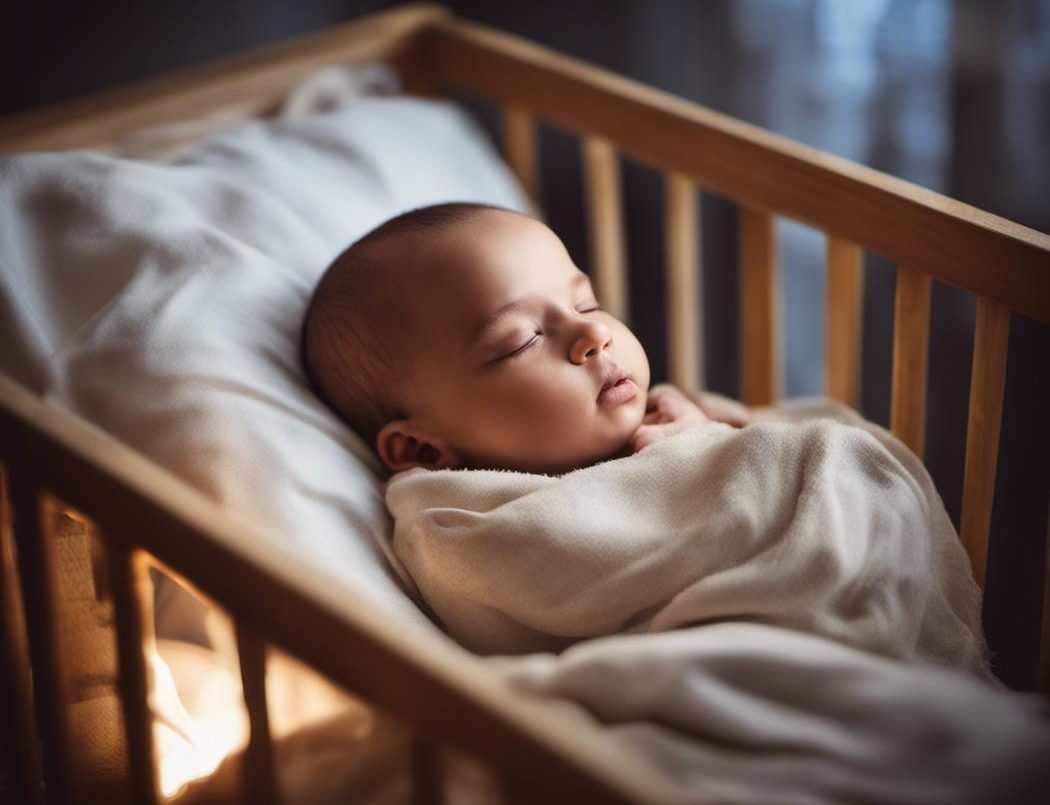 Un bébé dort paisiblement dans un berceau en bois, avec un oignon placé sous le lit, mis en avant par un éclairage doux et ambiant.