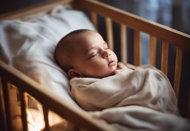 Un bébé dort paisiblement dans un berceau en bois, avec un oignon placé sous le lit, mis en avant par un éclairage doux et ambiant.