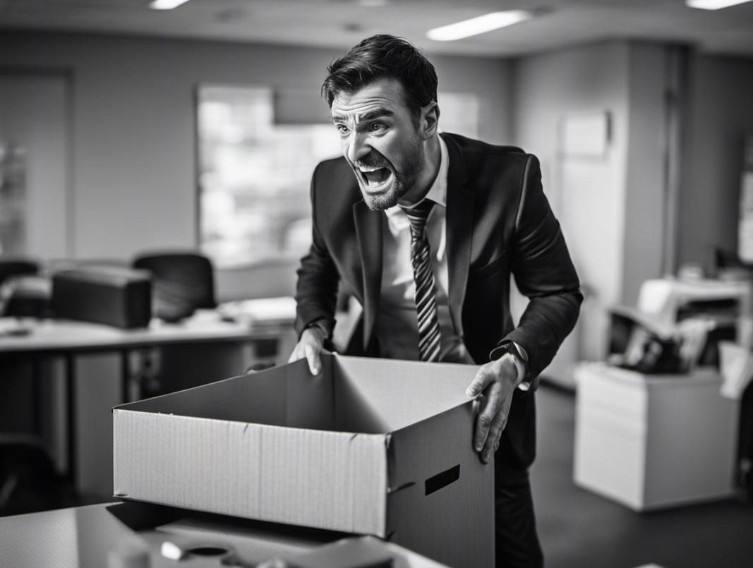 Image en noir et blanc d'un employé de bureau grimaçant en essayant de soulever une lourde boîte, indiquant une douleur due à une maladie discale dégénérative, avec un bureau flou en arrière-plan.