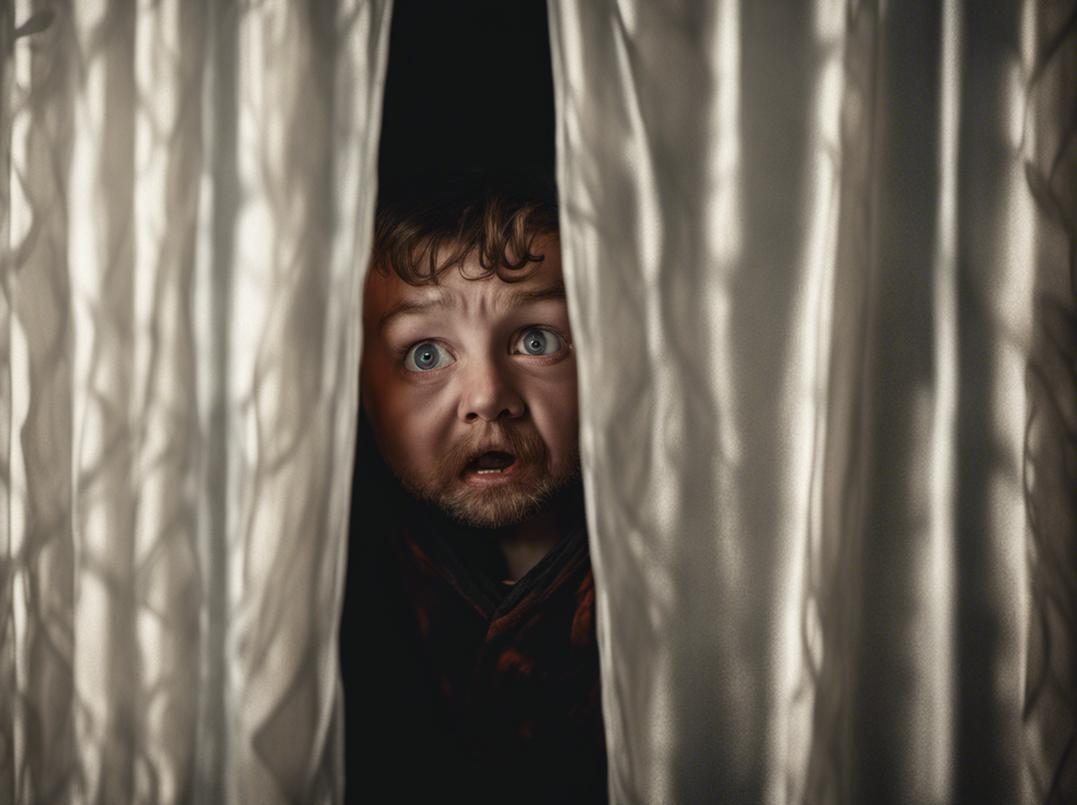 A terrified man peering through split-curtains at a jovial-looking dwarf with dramatic and atmospheric lighting focus.