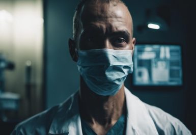 Personnage mystérieux essayant de masquer son visage avec un mensonge translucide dans un bureau de médecin sombre et mélancolique, entouré de matériel médical, mise au point précise, éclairage ambiant.