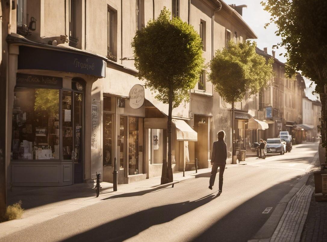 Image haute définition d'une rue tranquille de Bourgoin-Jallieu bordée de studios de bien-être, dont un affiche prominently une enseigne de naturopathe, une douce lumière matinale projetant de longues ombres, finition matte, lumière matinale dramatique.