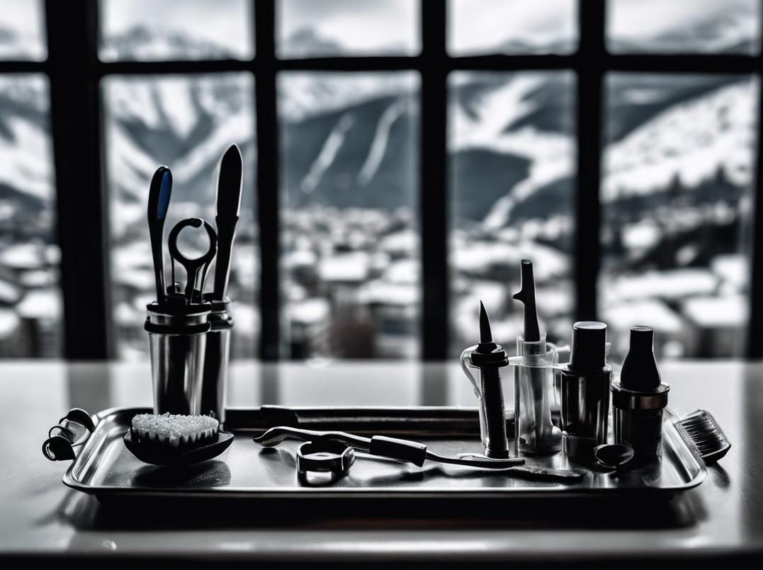 Image monochrome dramatique d'outils de dentiste sur un plateau, avec en arrière-plan les montagnes enneigées de Grenoble vues à travers une fenêtre, contraste élevé, mise au point nette, éclairage ambiant.