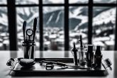 Image monochrome dramatique d'outils de dentiste sur un plateau, avec en arrière-plan les montagnes enneigées de Grenoble vues à travers une fenêtre, contraste élevé, mise au point nette, éclairage ambiant.
