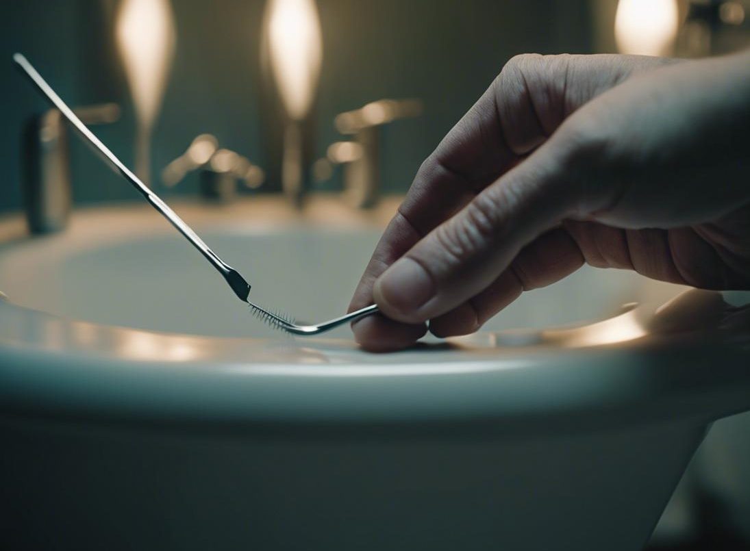 Image gros plan d'une personne en détresse tenant un miroir dentaire et une pince près d'une dent douloureuse dans une salle de bain stérile et faiblement éclairée, avec un panneau d'avertissement en arrière-plan, finition matte, éclairage dramatique.