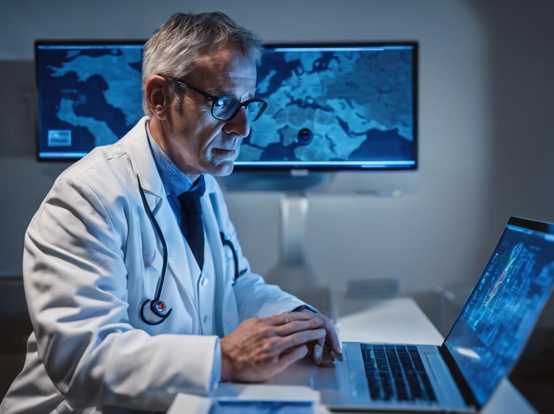 Médecin en blouse blanche, engagé dans une consultation virtuelle sur un ordinateur portable élégant, avec une carte de France éclairée en bleu sur le mur adjacent, symbolisant les solutions de télémédecine à travers le pays.