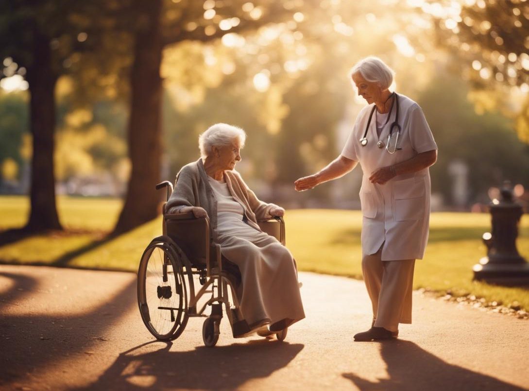 Photo avec effet flou doux d'une femme âgée guidée dans un parc par une infirmière attentionnée, sous un doux soleil du soir.