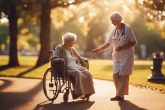Photo avec effet flou doux d'une femme âgée guidée dans un parc par une infirmière attentionnée, sous un doux soleil du soir.