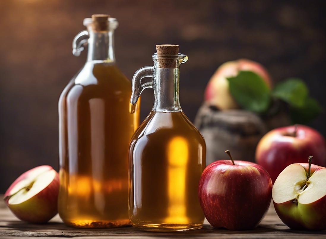 Image haute résolution de bouteilles en verre d'ambre contenant du Morosil et du vinaigre de cidre de pomme, placées sur une table rustique avec des fruits en arrière-plan, évoquant des remèdes de santé naturels.