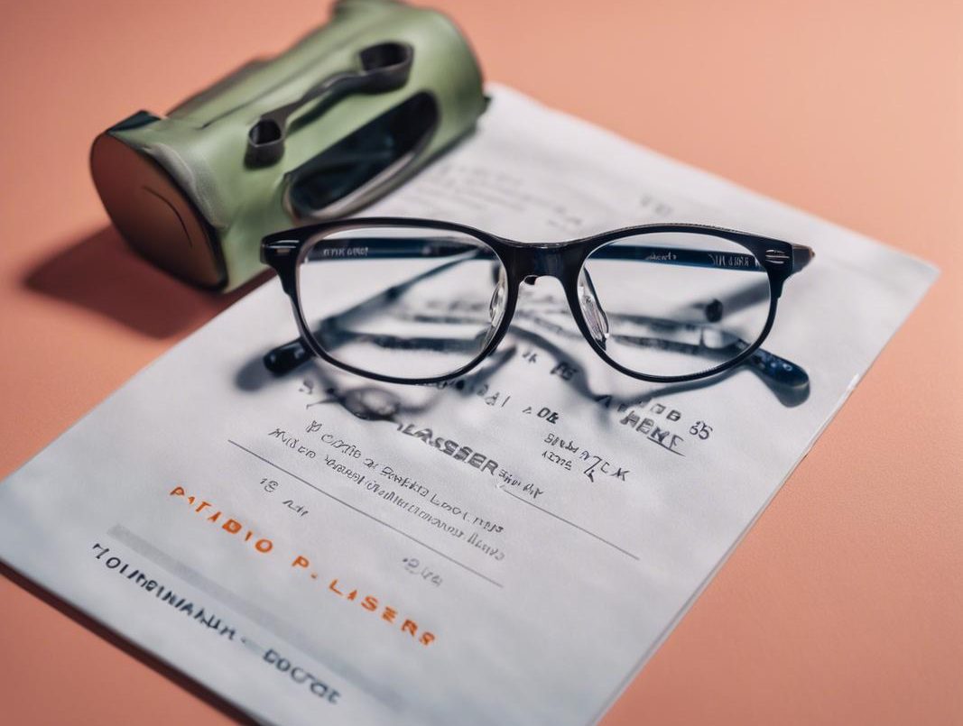 Des lunettes de protection reposant sur une brochure d'information détaillant les soins après une chirurgie oculaire au laser, sur un fond uni.