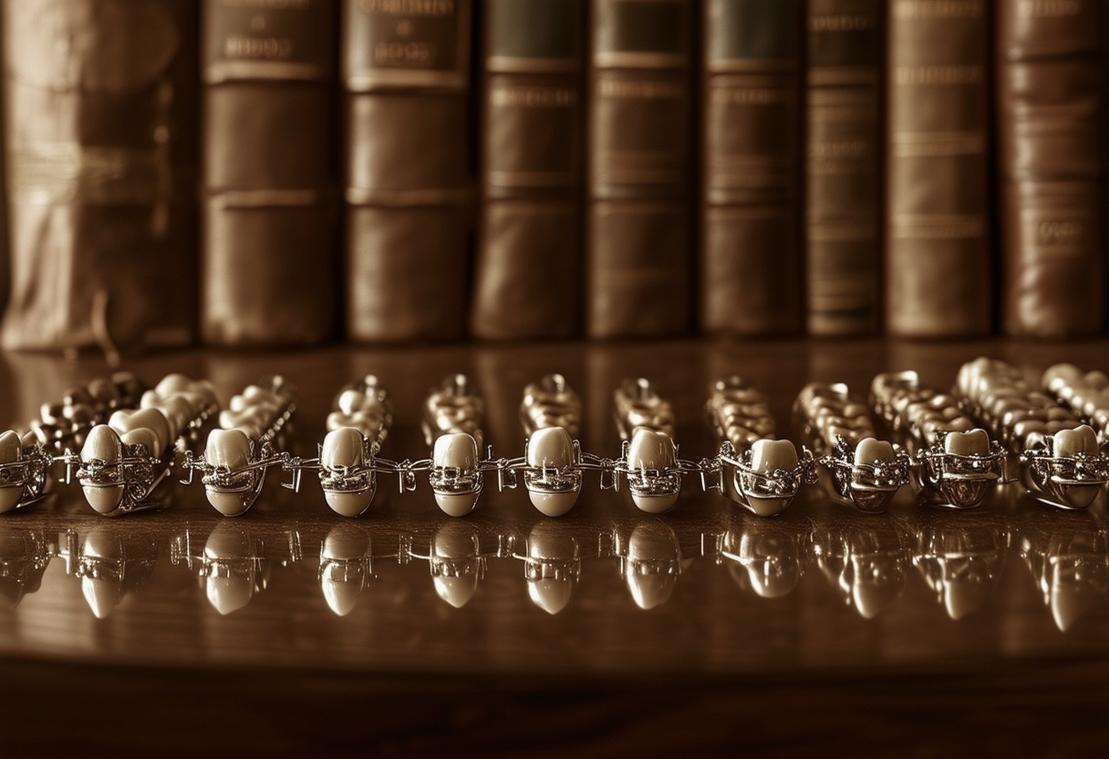 Photographie en tons sépia présentant une collection de dentiers vintage soigneusement disposés sur une table en acajou polie, avec en fond des journaux médicaux reliés en cuir usé, éclairage doux et ambiance antique en 4k.