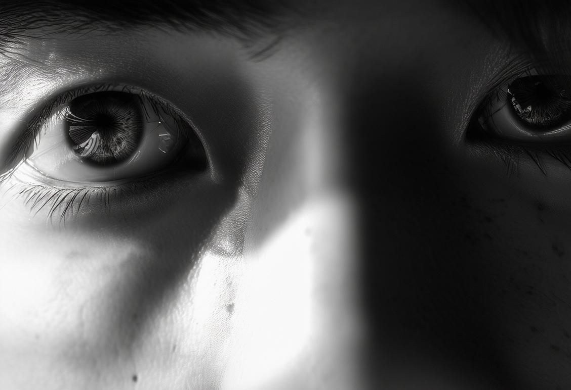 Gros plan sur un visage individuel, mettant en valeur le blanc au-dessus et au-dessous de ses yeux perçants, illuminé par des rayons de lumière douce, représentant l'essence des yeux Sanpaku, en style monochrome, regard intense, minimaliste, qualité 4K nette.