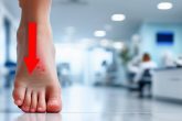 Une image minimaliste montrant un pied avec une verrue plantaire visible, soulignée par une flèche rouge, sur fond flou d'un cabinet de podologue et dermatologue.