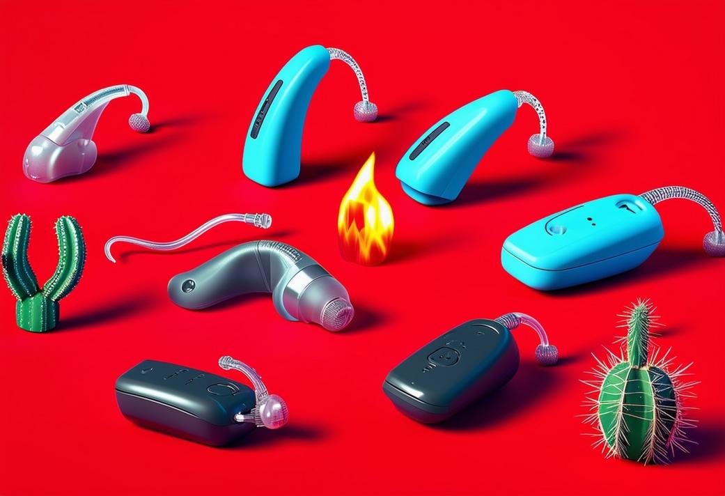 Image surréaliste de sept prothèses auditives différentes éparpillées sur un fond rouge vif entourées de symboles d'inconfort comme un petit cactus pour les démangeaisons ou une flamme pour la chaleur.