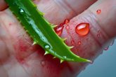 Peau rouge et enflammée entre les doigts tenant une feuille d'aloès vera avec des gouttelettes de gel, symbolisant un traitement naturel pour l'eczéma.