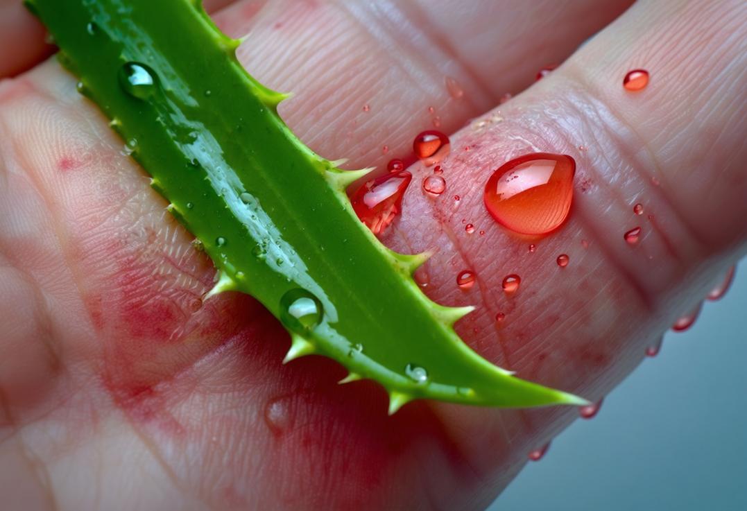 Peau rouge et enflammée entre les doigts tenant une feuille d'aloès vera avec des gouttelettes de gel, symbolisant un traitement naturel pour l'eczéma.