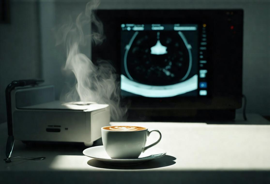 Une tasse de café fumante à côté d'une machine PET-scan dans un environnement clinique, projetant de longues ombres sous une lumière stérile.