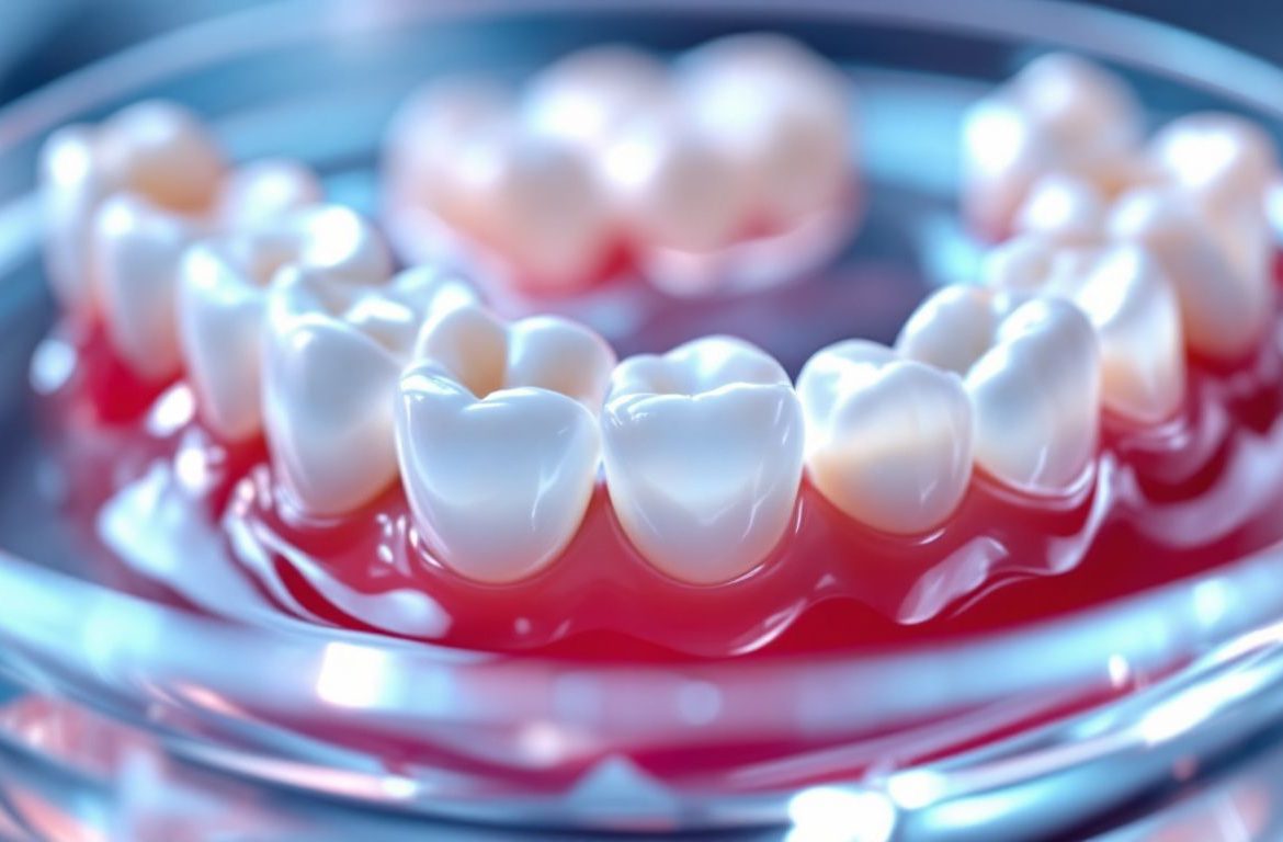 Dentiers immergés dans une solution éclaircissante.