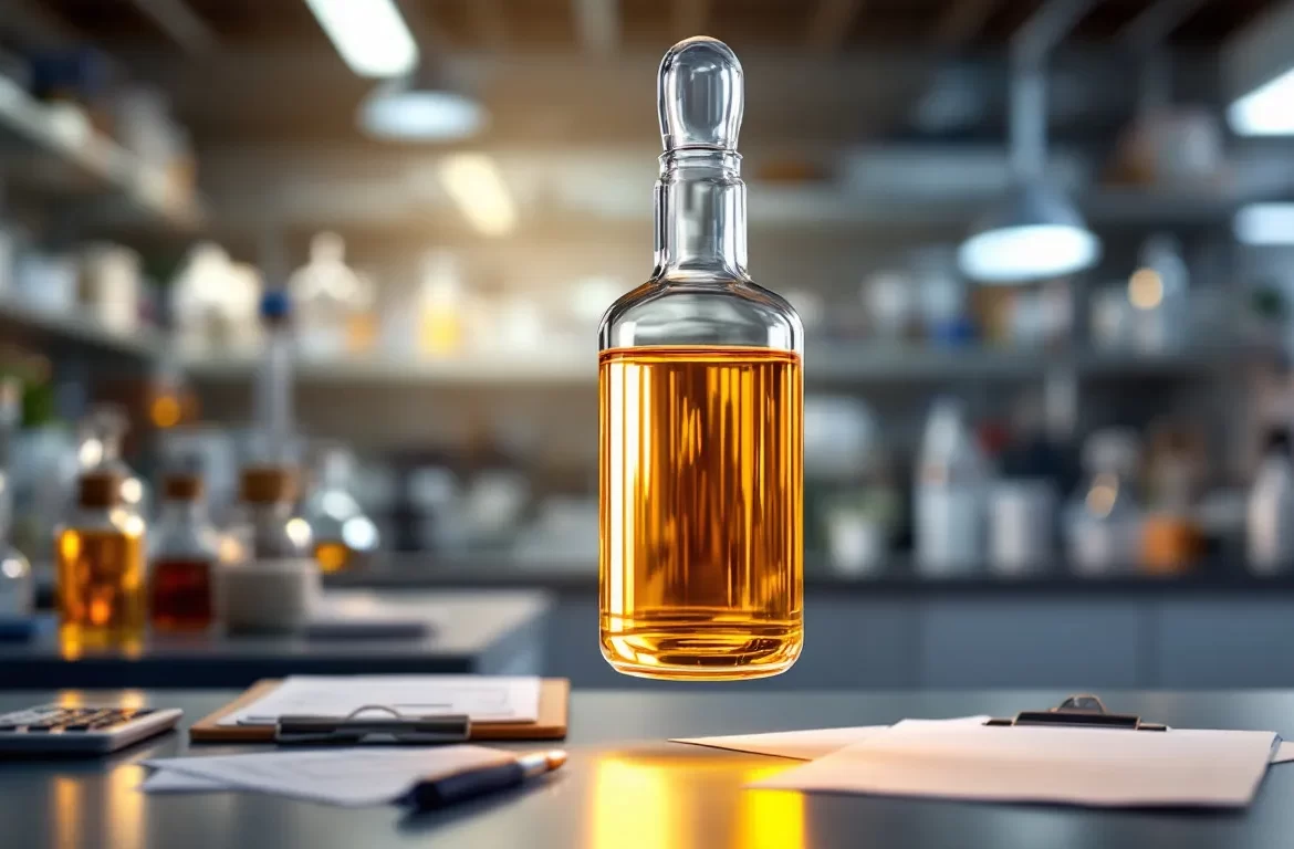 Ampoule de vitamine K dorée avec un éclairage mettant en valeur sa teinte lumineuse.