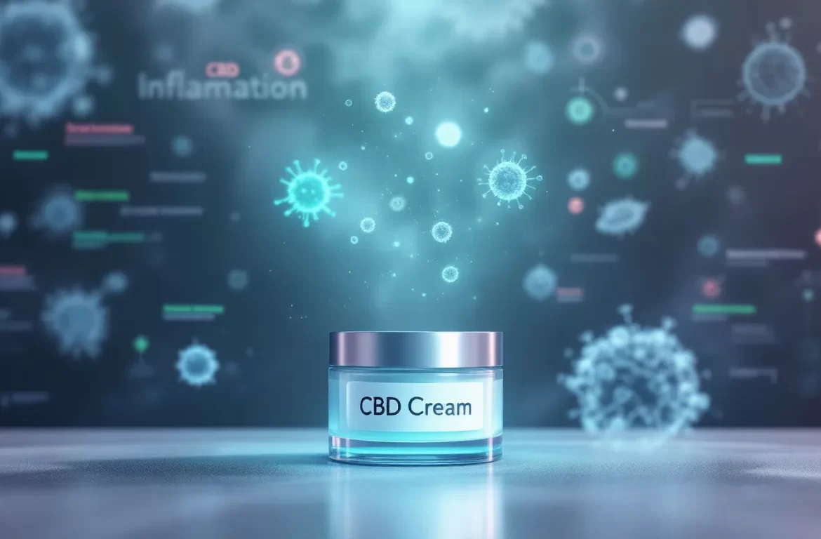 Crème au CBD présentée avec des illustrations scientifiques sur l'inflammation.