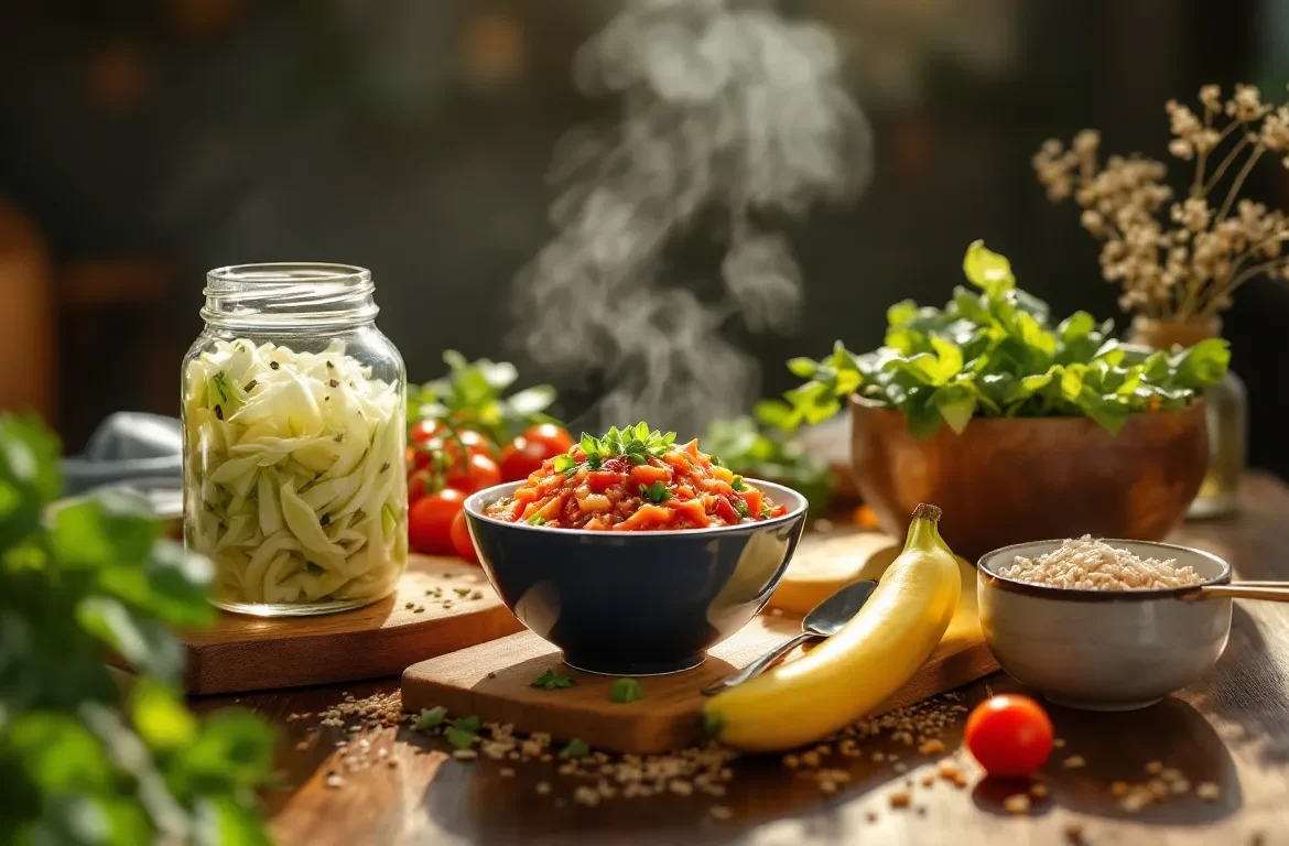 Un assortiment coloré de fruits et légumes bénéfiques pour la santé intestinale.