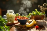 Un assortiment coloré de fruits et légumes bénéfiques pour la santé intestinale.