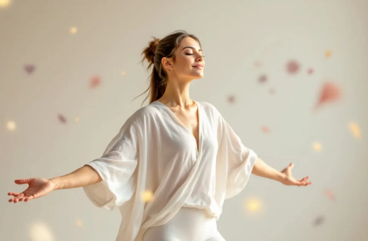 Une danseuse évolue avec grâce dans un espace intérieur empreint de sérénité.