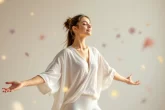 Une danseuse évolue avec grâce dans un espace intérieur empreint de sérénité.
