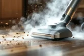 Une personne utilise un appareil de nettoyage à la vapeur pour désinfecter une surface.