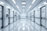 Couloir d’hôpital moderne éclairé par la lumière naturelle avec murs clairs et sols propres.