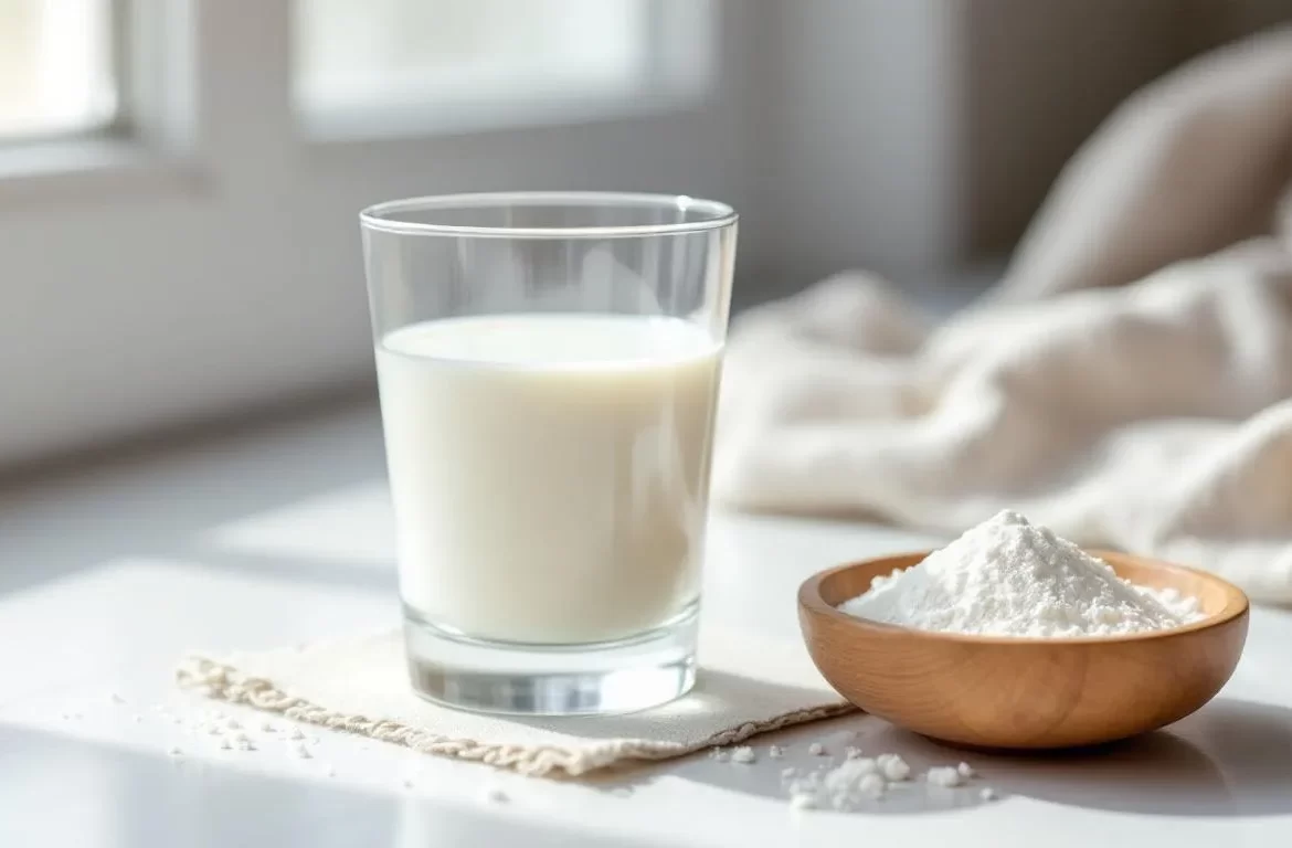 Un verre de lait crémeux posé à côté d’une poudre blanche sur une surface neutre.