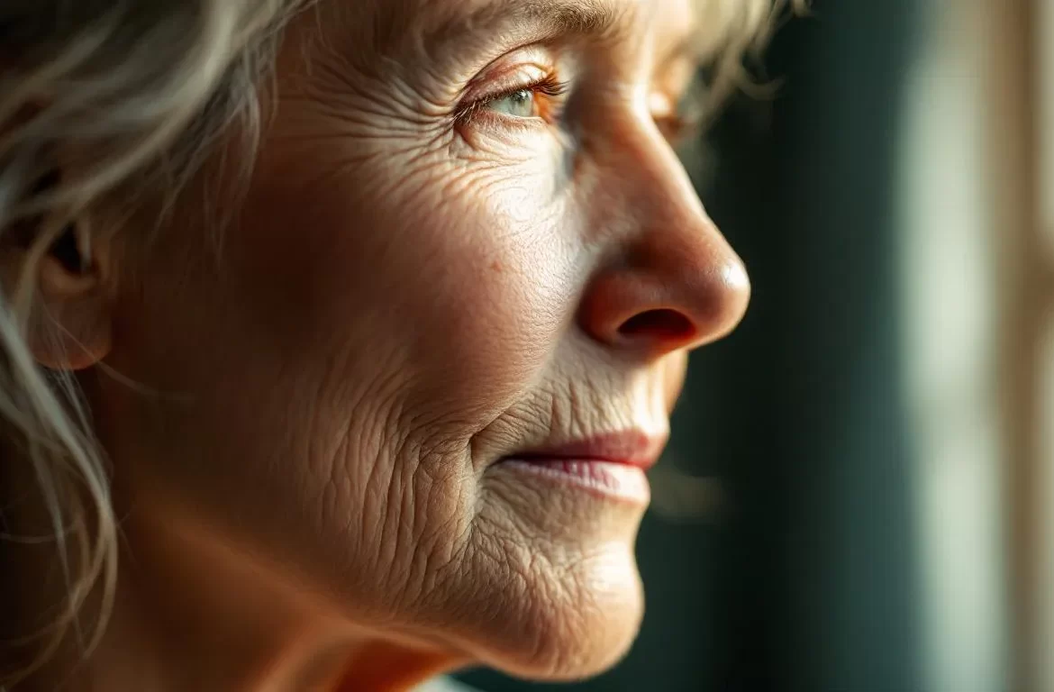 Visage d’une personne mature illuminé par une lumière douce.