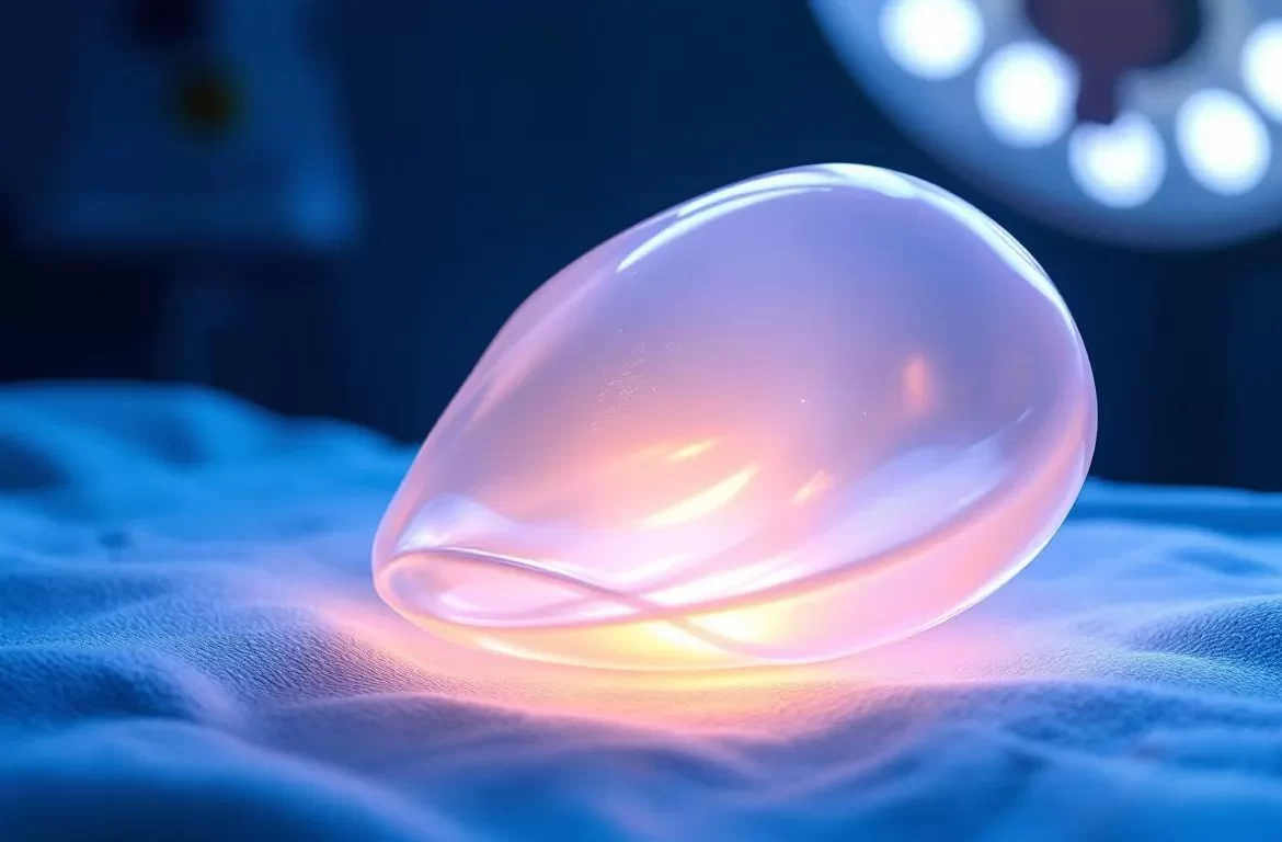 Implant mammaire luminescent posé sur une surface neutre.