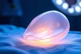 Implant mammaire luminescent posé sur une surface neutre.