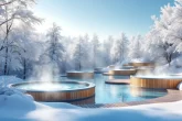 Spa thermal en plein air entouré de neige, avec vapeur s’échappant de l’eau chaude et lumière douce traversant des arbres givrés.