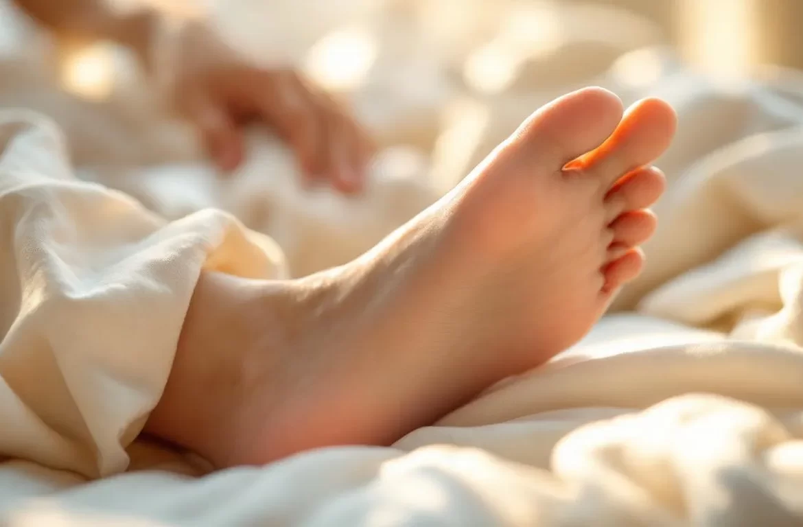 Un pied en gros plan repose sur un lit, montrant une ampoule en cicatrisation sous une lumière naturelle douce.