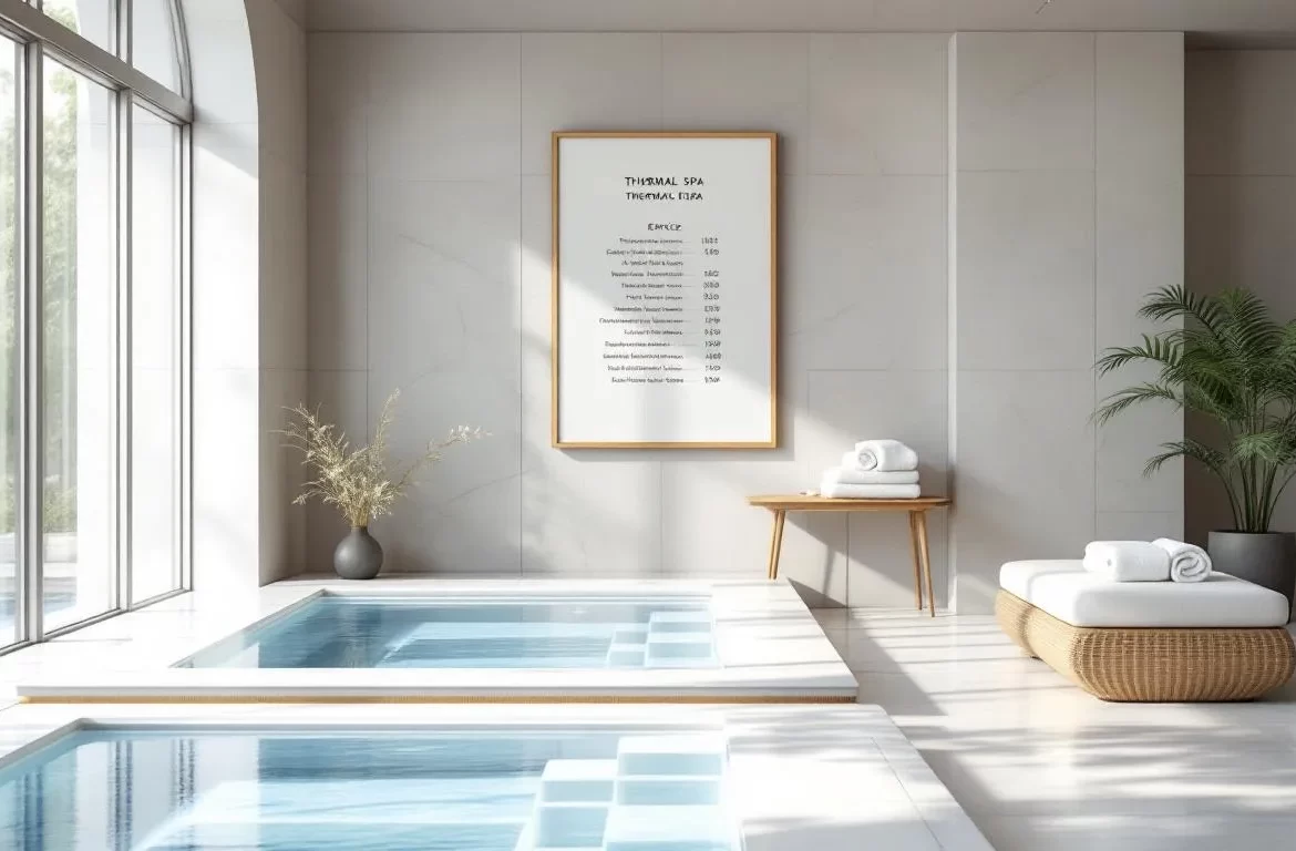 Réception d’un spa thermal avec des piscines bleues, des serviettes blanches pliées et un panneau de tarifs, éclairée par une douce lumière du matin.