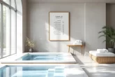 Réception d’un spa thermal avec des piscines bleues, des serviettes blanches pliées et un panneau de tarifs, éclairée par une douce lumière du matin.