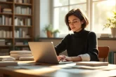 Une jeune femme studieuse est assise seule à un bureau couvert de livres médicaux et de supports d’orthophonie, éclairée par une lumière douce du matin.