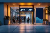 Entrée d’un centre médical moderne avec des portes vitrées éclairées et une enseigne indiquant ouverture 7 jours sur 7 en soirée paisible.