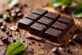 Tablette de chocolat noir à 85 % de cacao, cassée en carrés sur une surface en bois avec quelques fèves et feuilles de cacaoyer.