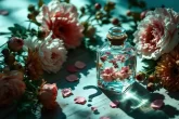 Une bouteille de remède floral de Bach repose parmi des fleurs fanées et colorées, avec l’ombre légère d’un point d’interrogation.