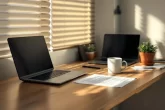 Un bureau éclairé par la lumière du jour présente un billet de médecin posé près d'une tasse et d'un ordinateur portable fermé.