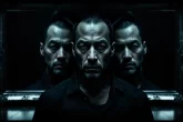 Une personne se tient devant trois miroirs superposés qui reflètent des expressions tourmentée, rusée et neutre sous un éclairage contrasté.