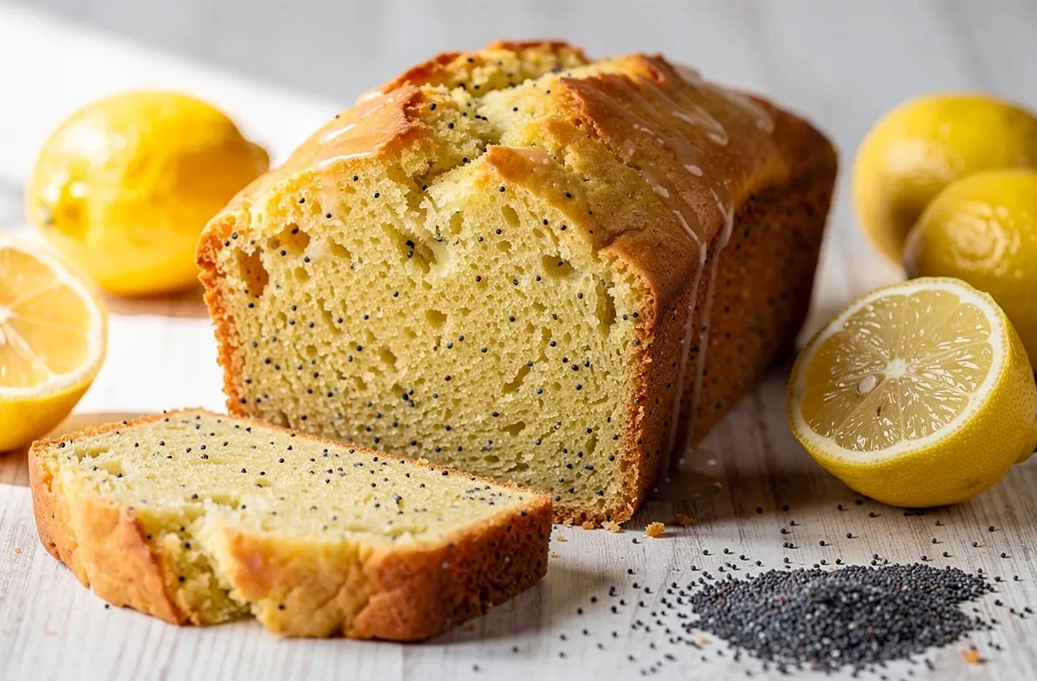 Un cake au citron et graines de pavot tranché repose sur une surface en bois clair, entouré de citrons frais et de quelques graines éparpillées.