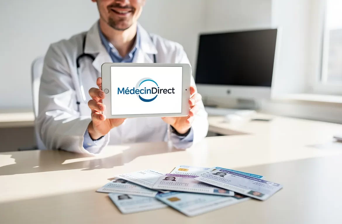 Un médecin tient une tablette affichant le logo MédecinDirect, assis à un bureau lumineux avec quelques cartes d’assurance santé posées sur la table.
