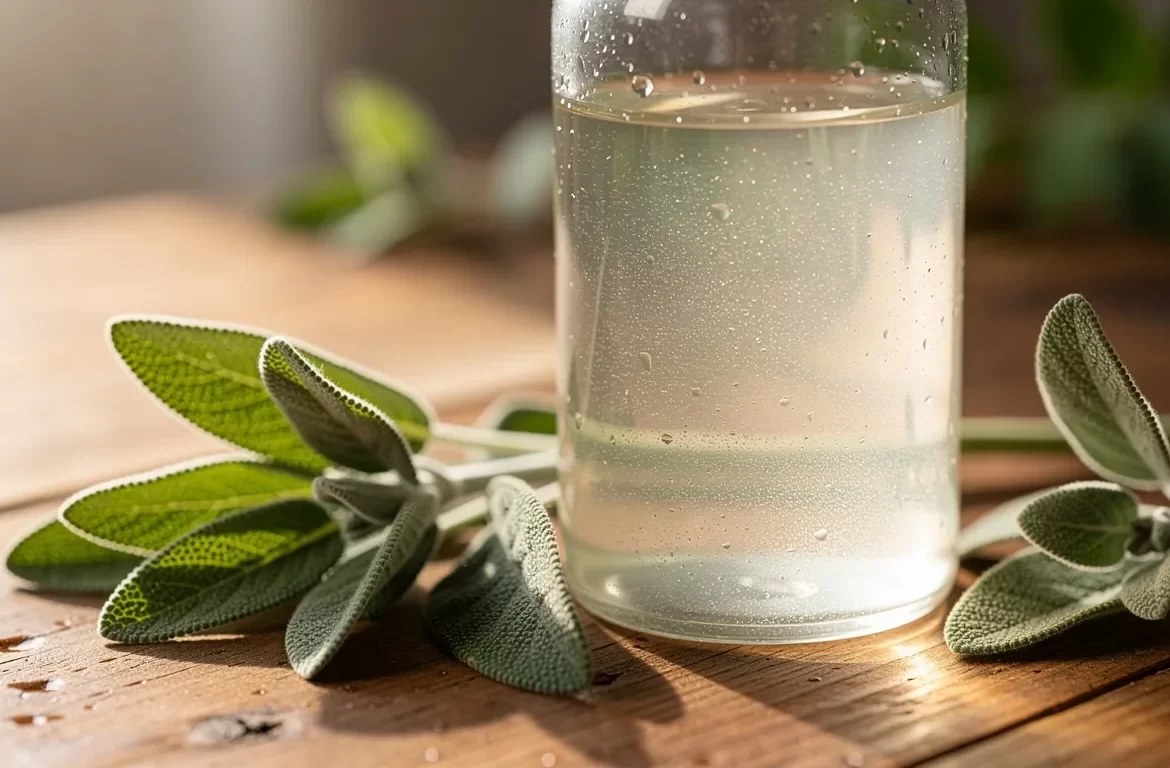 Bouteille de verre remplie d’hydrolat de sauge posée à côté de feuilles fraîches de sauge sur une surface en bois éclairée par la lumière du matin.