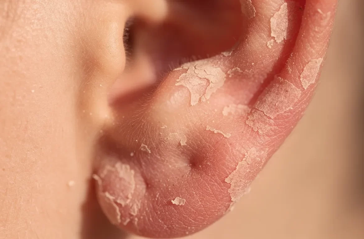 Oreille humaine en gros plan avec la peau sèche et squameuse autour du conduit auditif, sur un fond neutre flou.