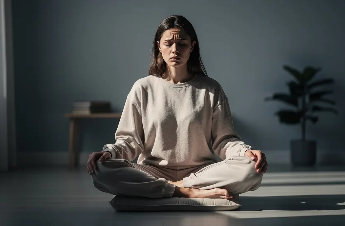 Une jeune femme assise en tailleur ferme les yeux avec une expression anxieuse dans une pièce doucement éclairée pendant une séance de sophrologie.
